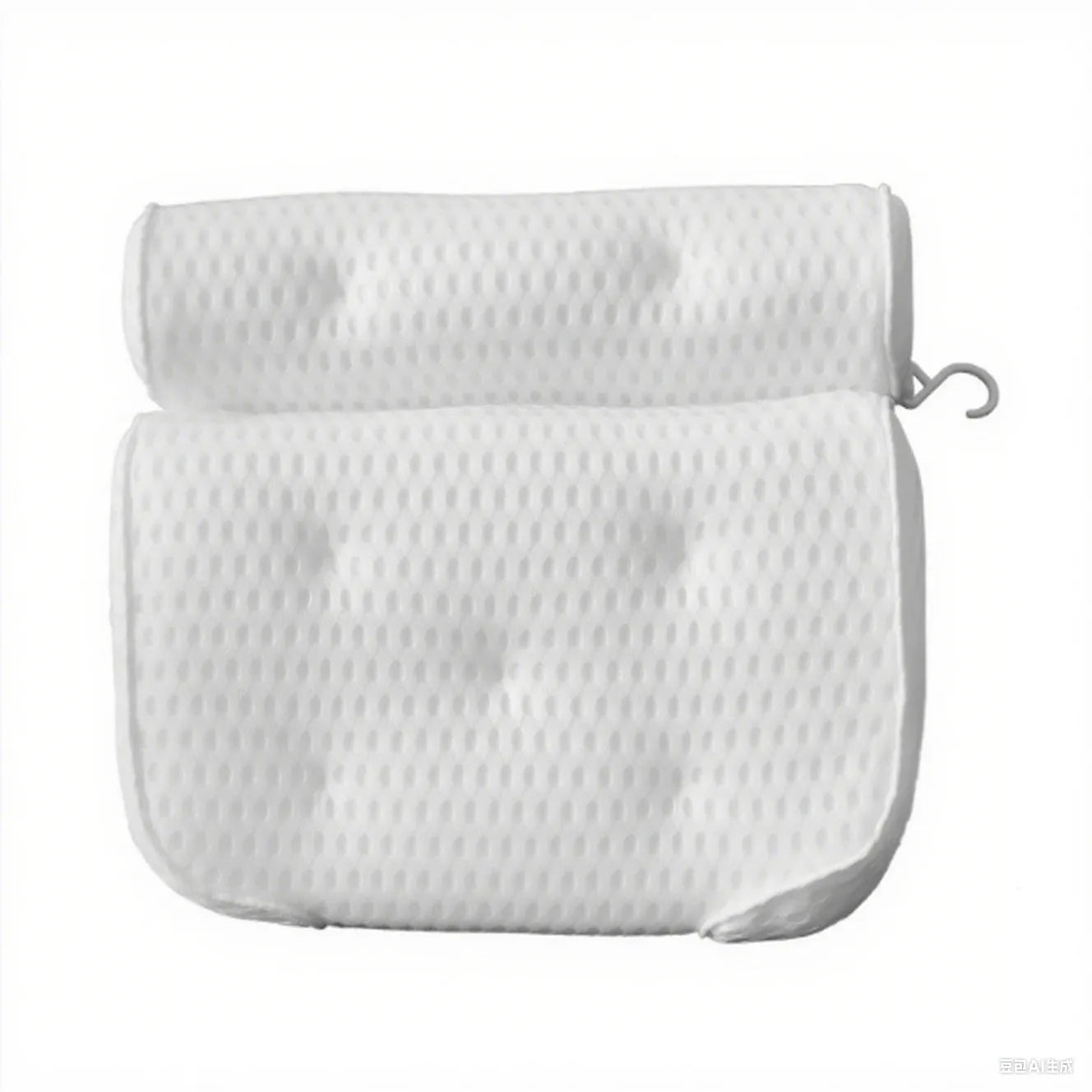 White bathtub pillow with 4D mesh and seven suction cups on a bath mat.