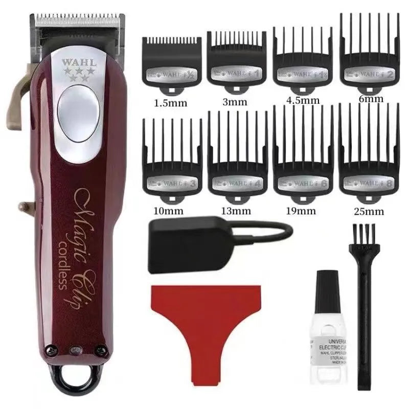 Cordless hair clipper set with stainless steel head and EU, UK, US plug adapters for home haircuts