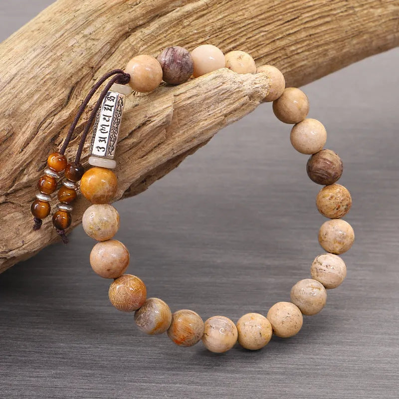 Handmade stone bead bracelet in natural wood colour with retro design