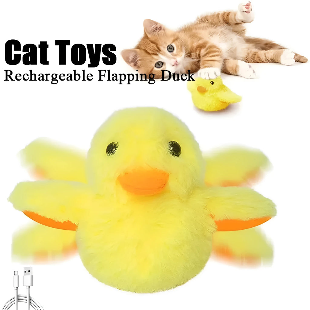 Yellow flapping duck cat toy with USB charging cable on a white background.