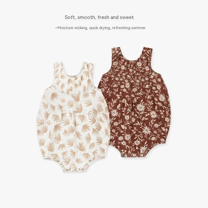 Cotton sleeveless baby romper in floral pattern, triangle jumpsuit style, shown in beige leaves colour, sizes 66cm to 90cm