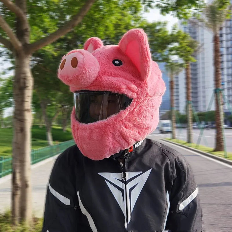 Pink cartoon pig plush helmet protective hood for motorcycle helmets with detachable sleeve