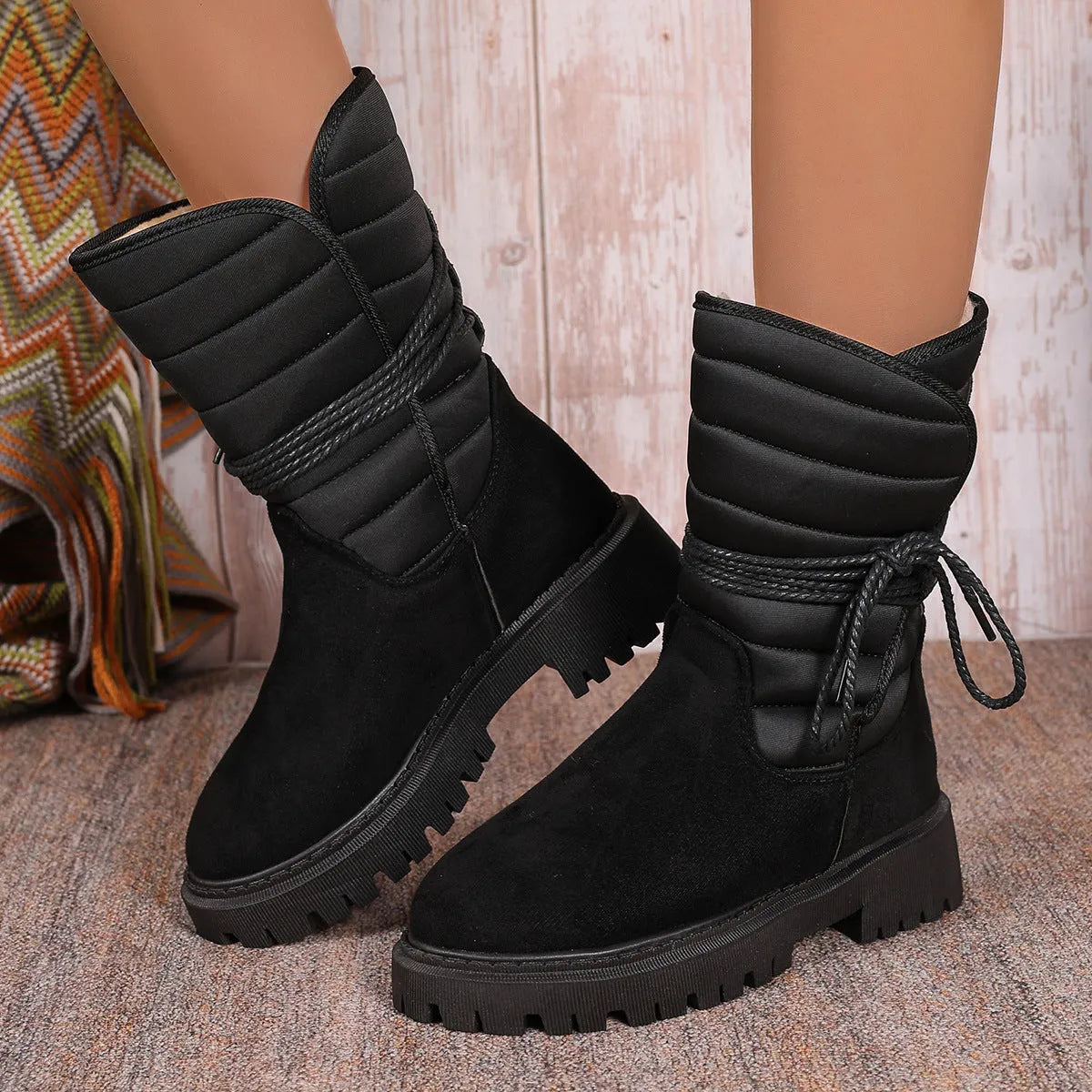Women's black suede chunky heel snow boots with fleece lining and lace-up design.