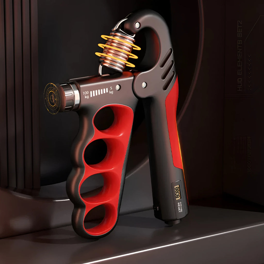 Adjustable electronic spring hand grip with digital counter display in orange colour