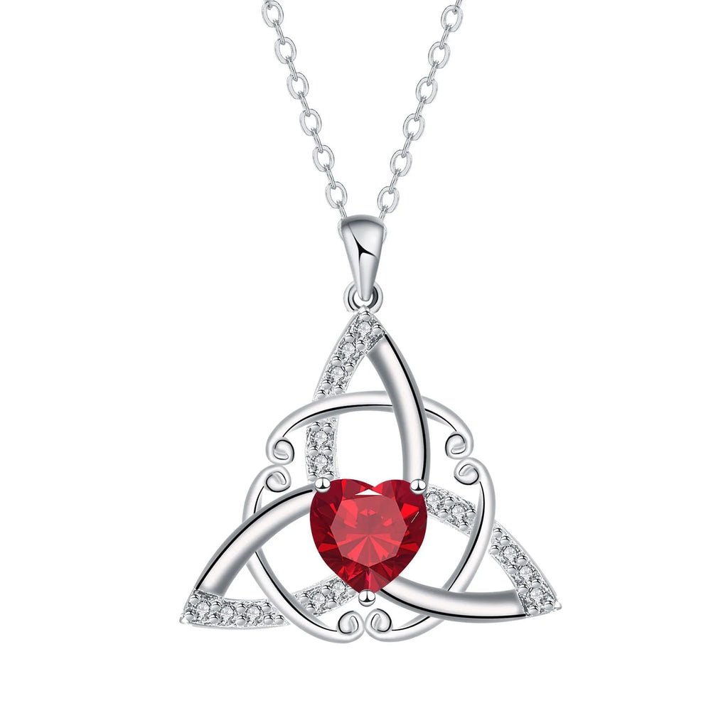 Geometric Celtic knot women's necklace in electroplated copper, shown in one of four colour options.