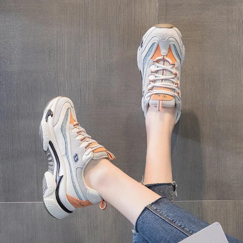 Autuspin women's retro flat platform sneakers in orange and pink, cow leather upper, TPR sole.