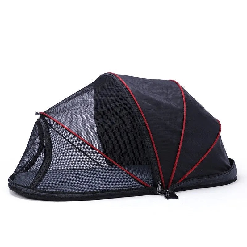 Folding cloth cat tent with half mesh panels in black or blue colour options