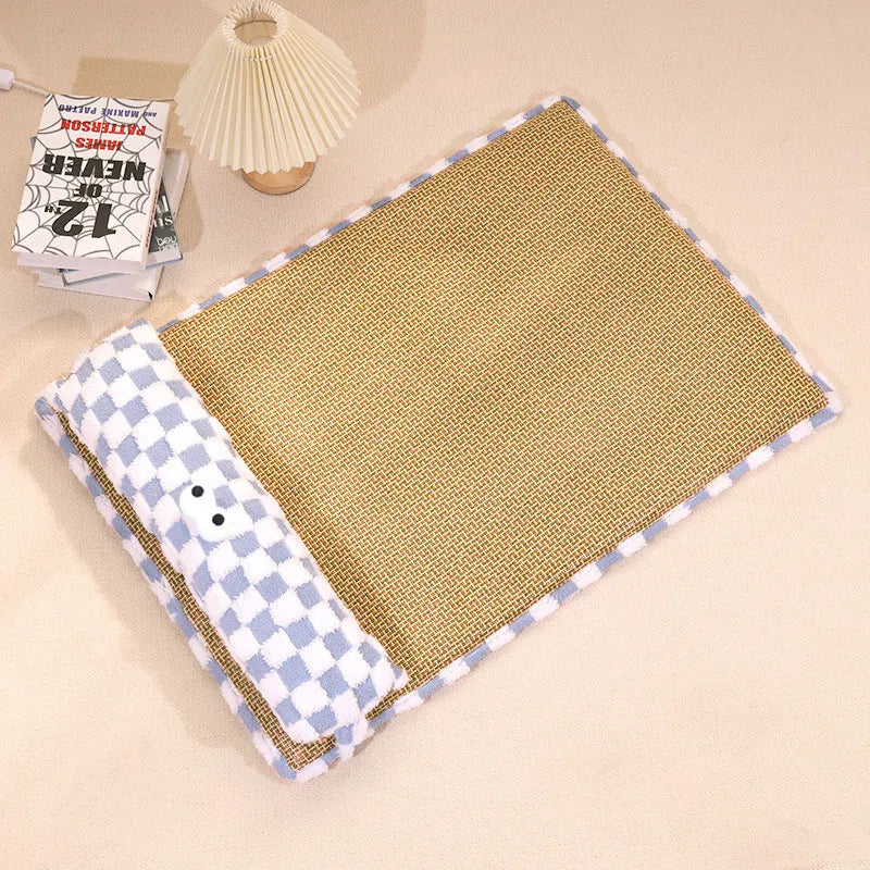 Grey and yellow pet nest cushion for cats and dogs shown in four different sizes.