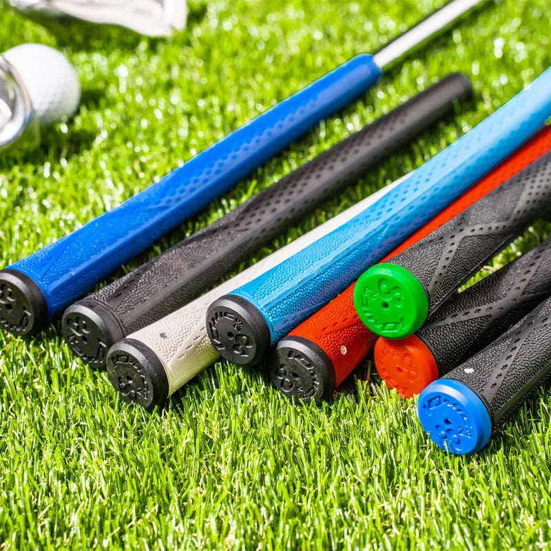 TPE golf club grip shown in multiple colour options including pink, red, blue, white, and black with red, green, or blue head.