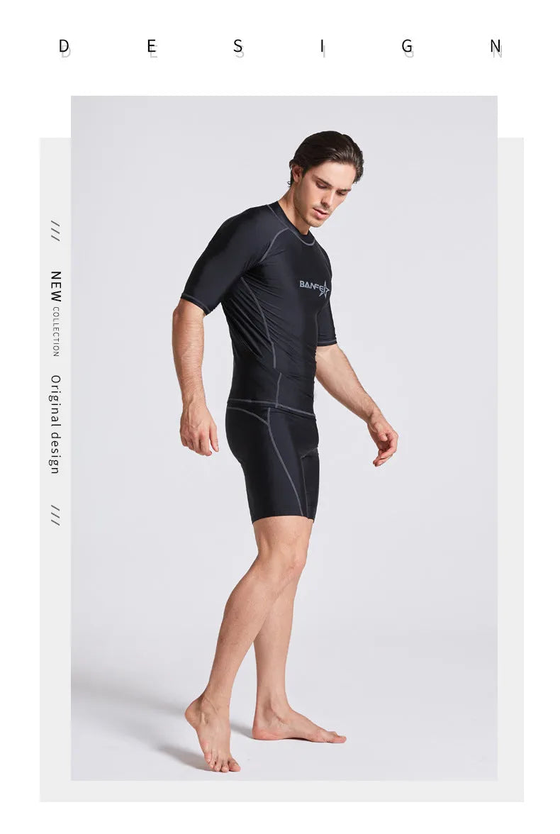 Men's quick-drying half sleeve swimsuit set in nylon fabric with matching swim pants