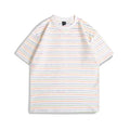 Men's loose fit striped half sleeve T-shirt in apricot, black, yellow, grey, or pink colours with round neck collar