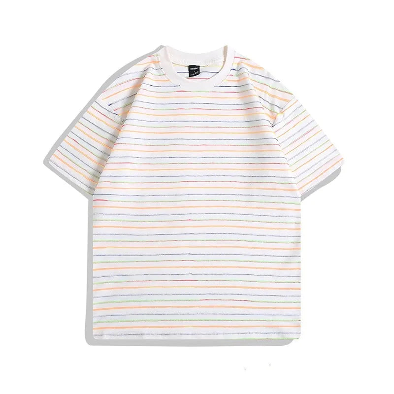 Men's loose fit striped half sleeve T-shirt in apricot, black, yellow, grey, or pink colours with round neck collar
