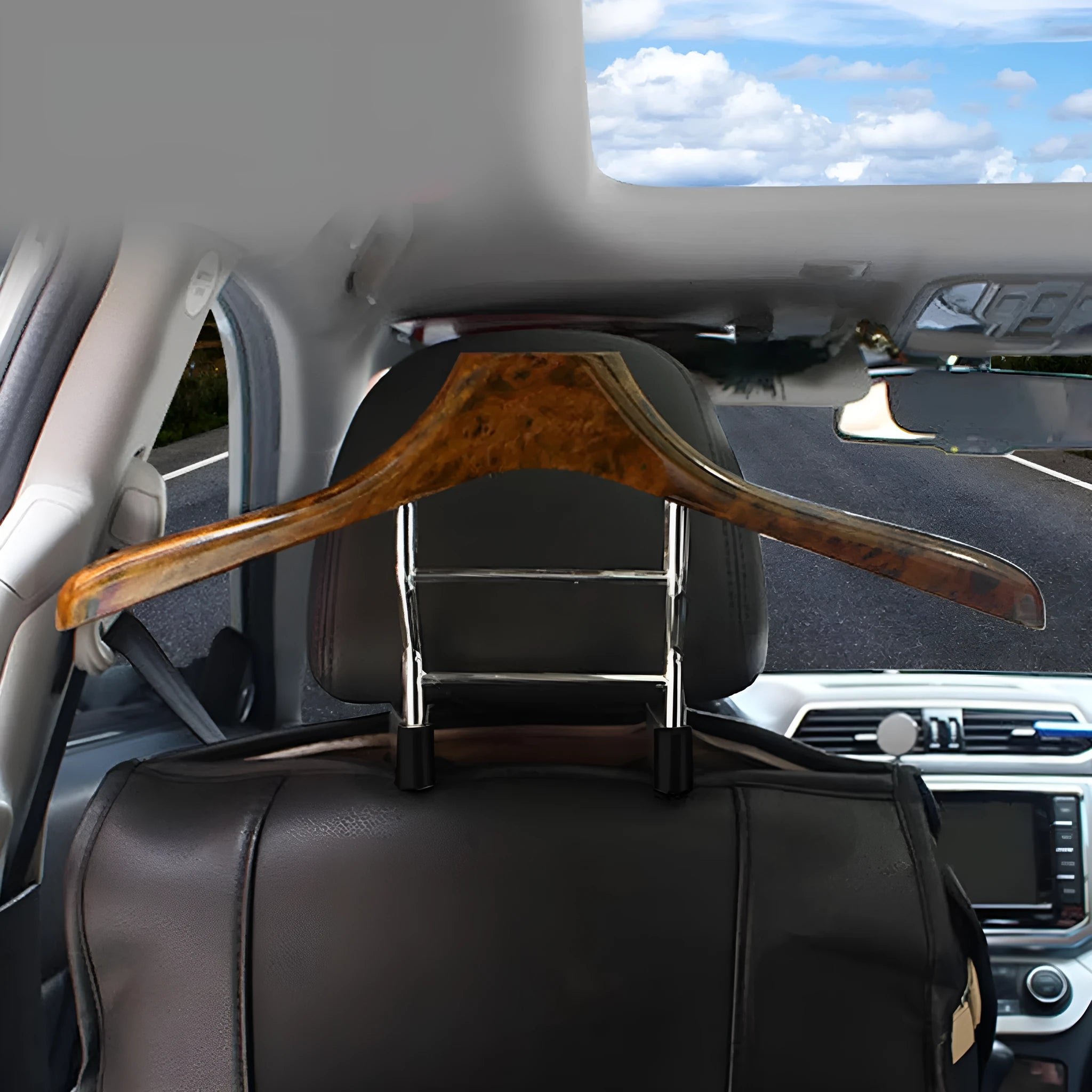 Stainless steel car mounted clothes hanger with wood yellow finish and detachable design
