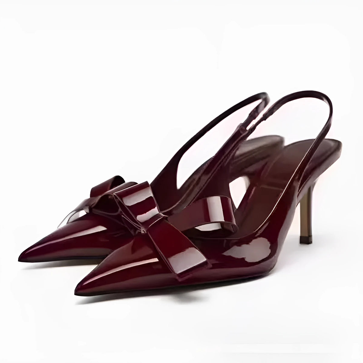 Wine red patent leather open-back high heels with bow detail and rear lacing