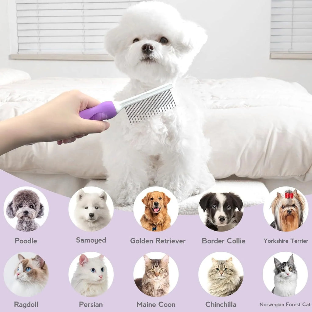 Purple pet detangling comb with stainless steel teeth for dogs and cats on white background