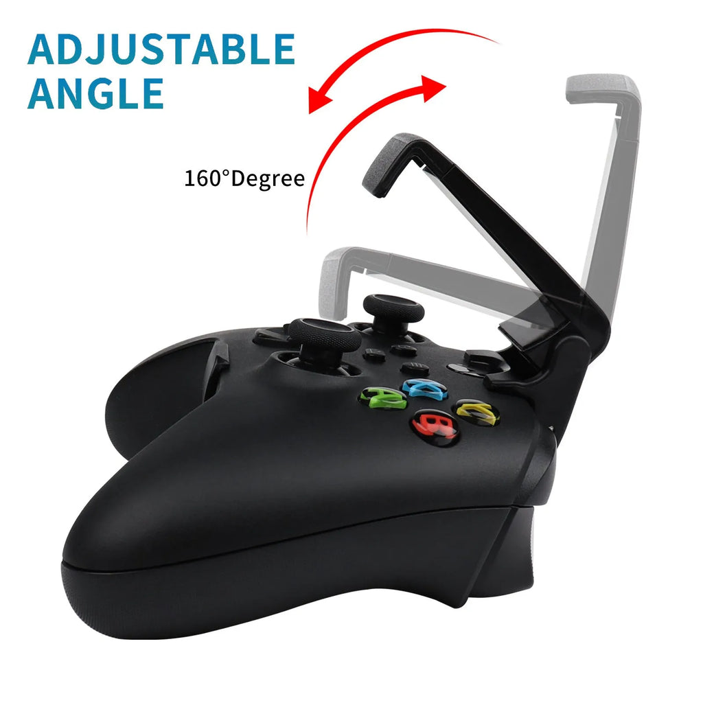 Black XSX mobile game clip bracket attached to an Xbox Series controller, showing ABS construction and compact size.