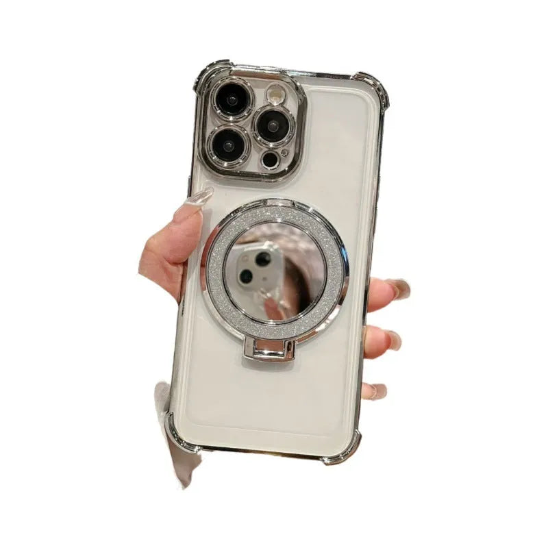 Shiny black glitter magnetic bracket phone case for iPhone with electroplated mirror finish