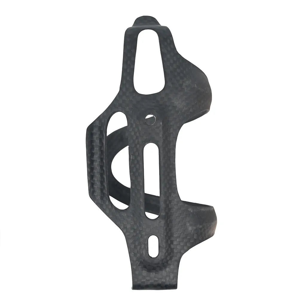 Black carbon fibre side-pull bicycle water bottle cage mounted on a bike frame.