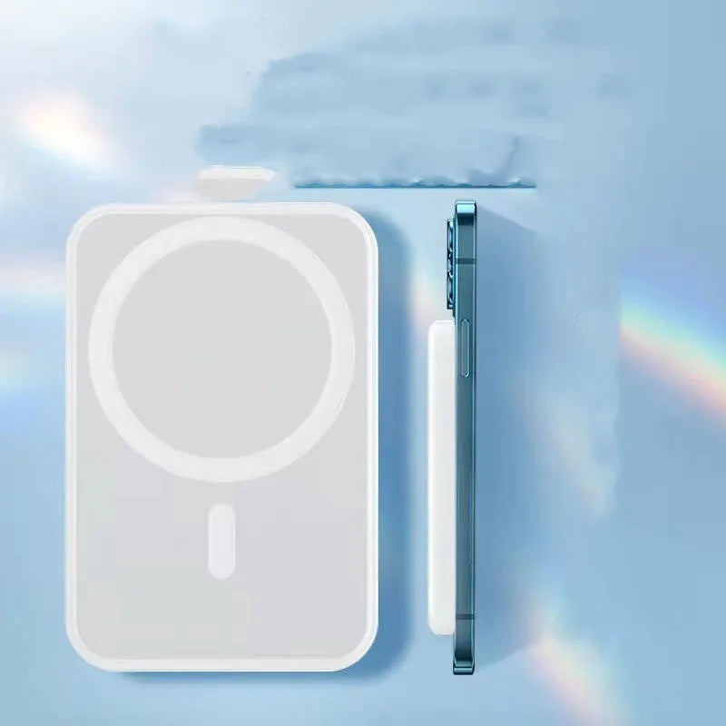 Magnetic wireless charger power bank in white colour showing 5000mAh capacity and compact dimensions
