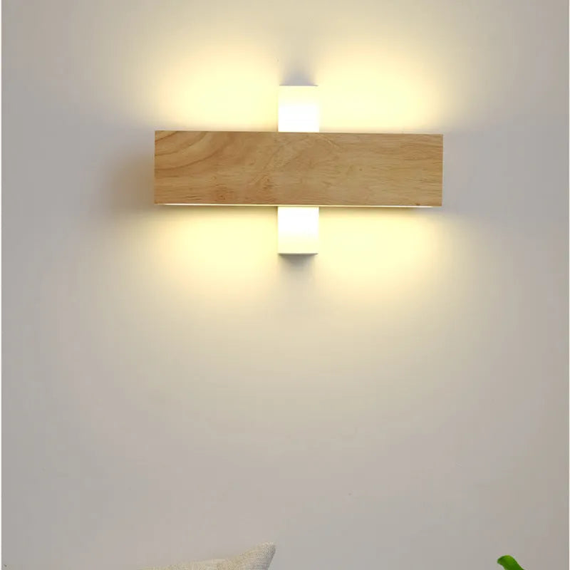 Solid wood Nordic Japanese style LED wall lamp mounted on bedroom wall with warm light, available in 22cm 32cm 52cm sizes