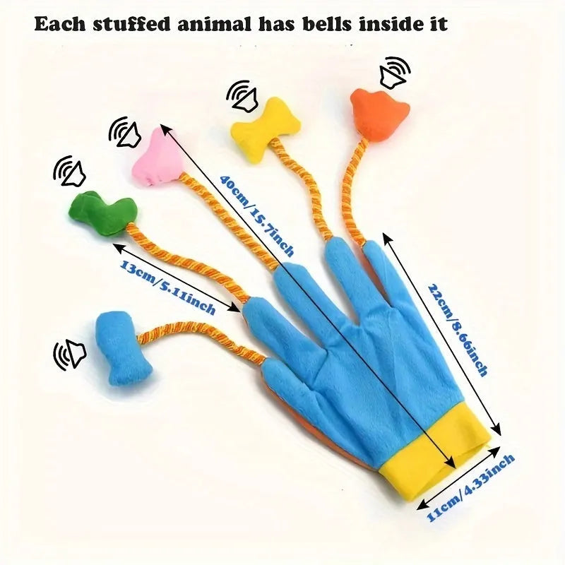 Yellow and blue interactive cat toy glove with plush trailer and bell.