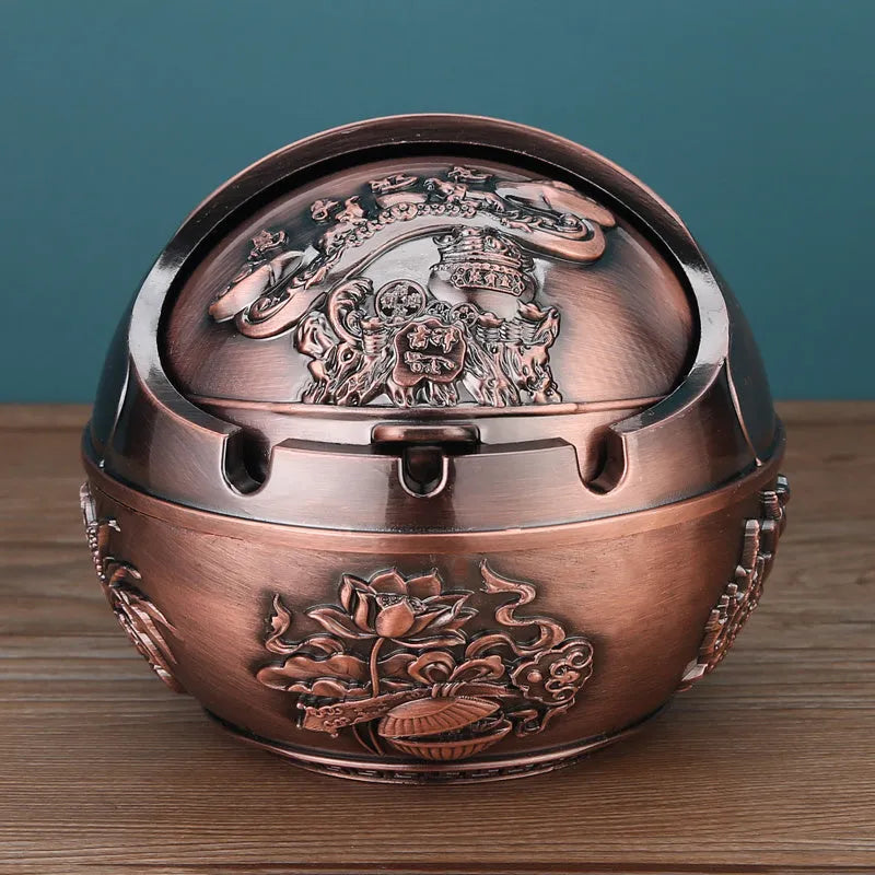 Bronze decorative ashtray with smoke extinguishing slot featuring traditional dragon design