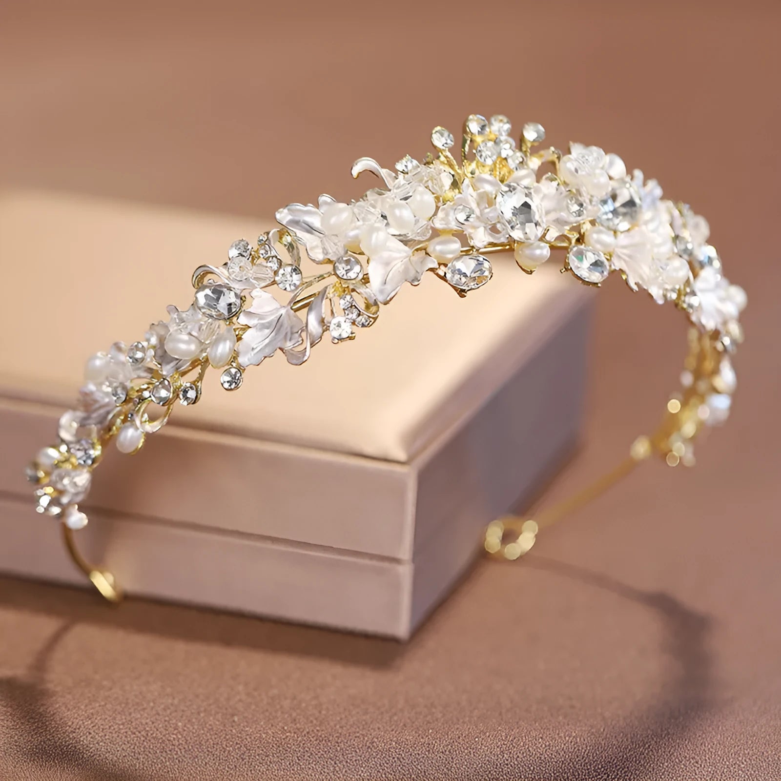 Women's gold alloy crown headdress hair accessory with pearl detailing for formal events