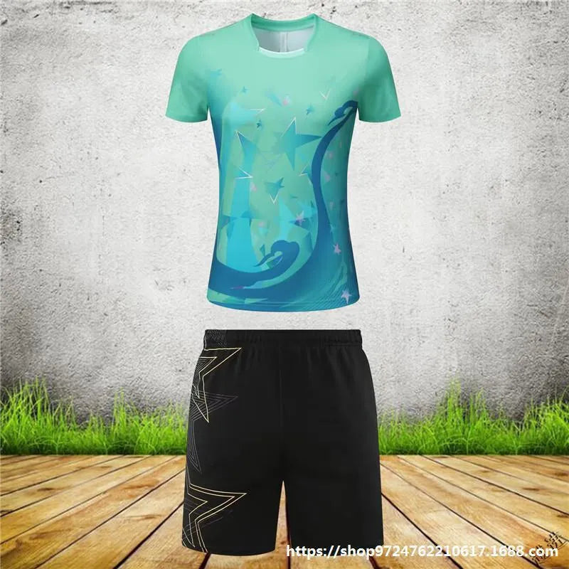 Men's and women's badminton sportswear set showing a short-sleeved polyester top and matching trousers in sapphire blue.