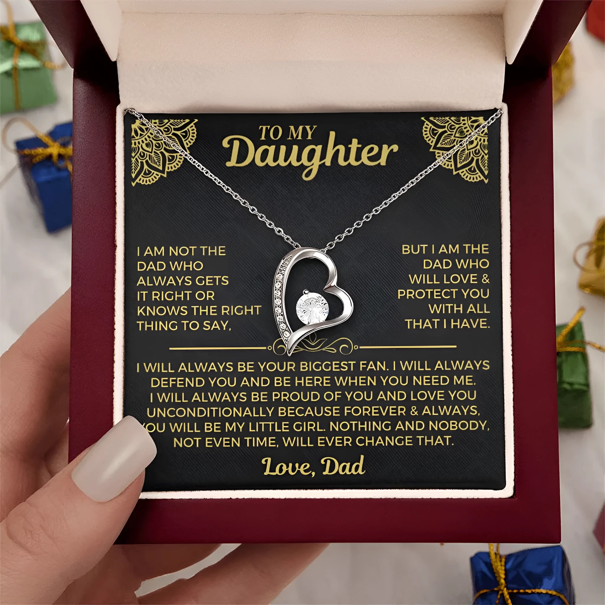 Hollow heart-shaped necklace in silver or gold with card and gift box.