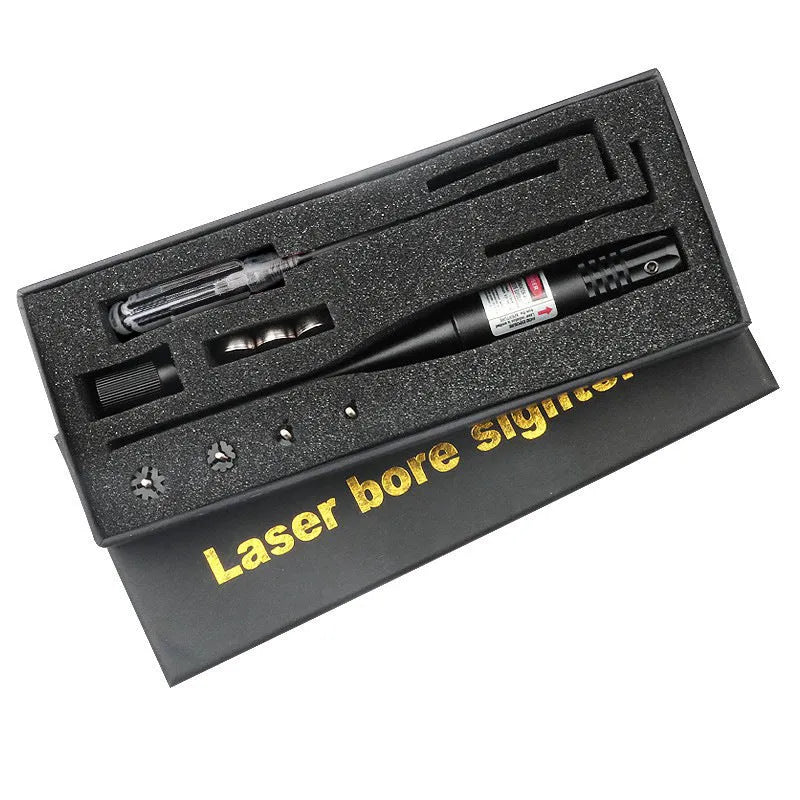 Black matte aluminium laser calibration device with 650nm wavelength on work surface