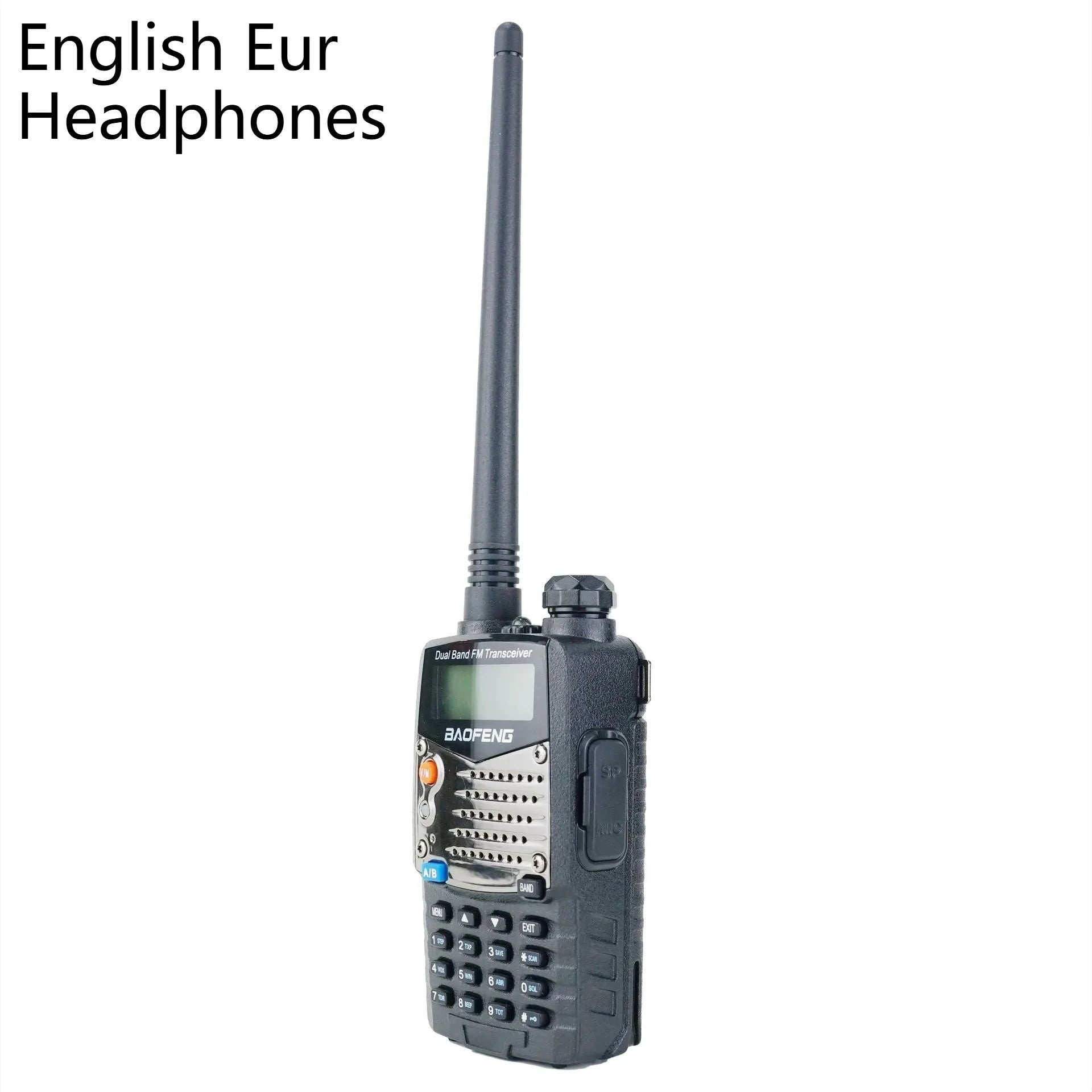 Baofeng UV-5RA black dual-band two-way radio with LCD dual display, shown with optional headset.