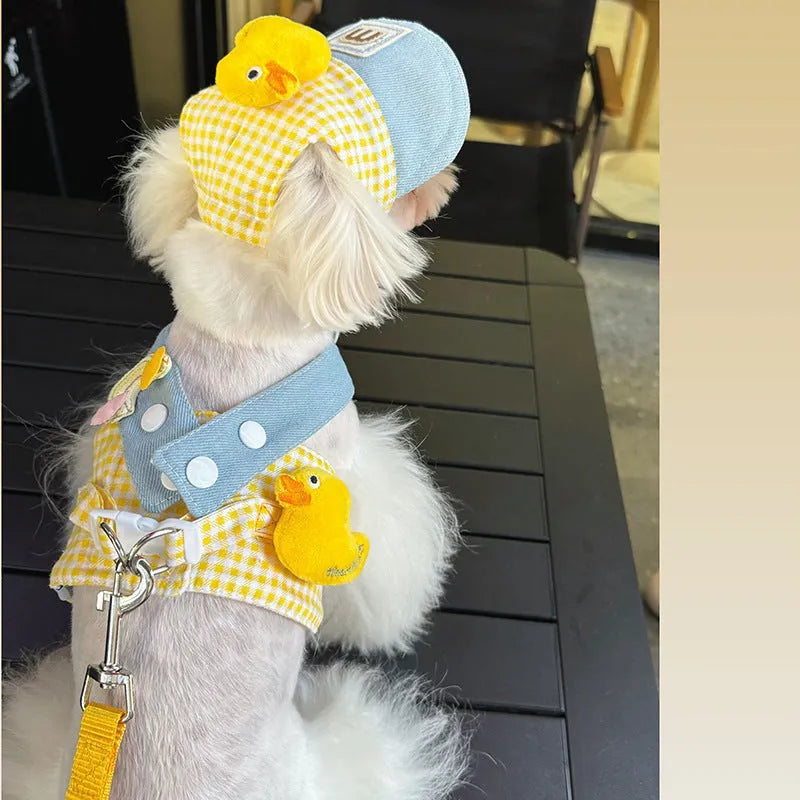 Pet harness and leash set with three-piece summer clothing, a cute hat, and a wire rope pulling toy for dogs and cats.