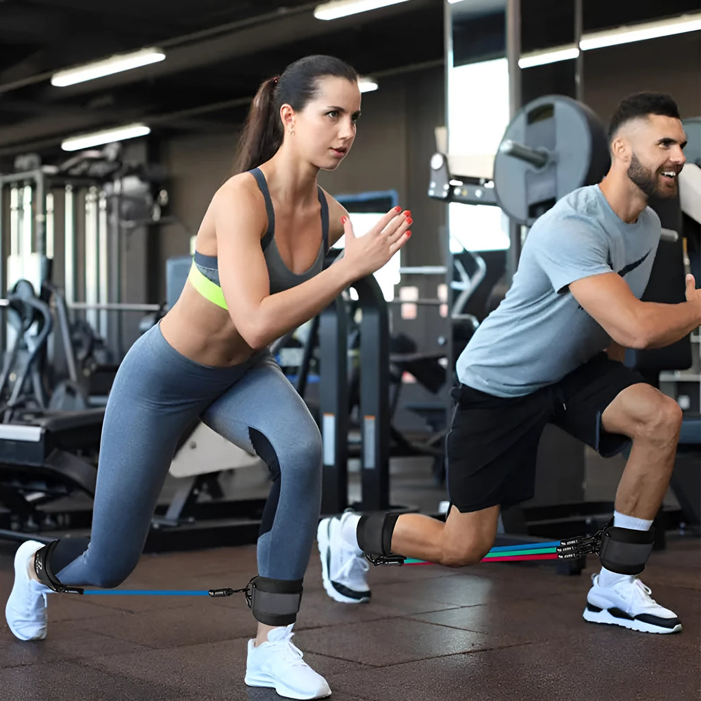 TPE resistance band set with three tension levels and ankle loops for leg exercises