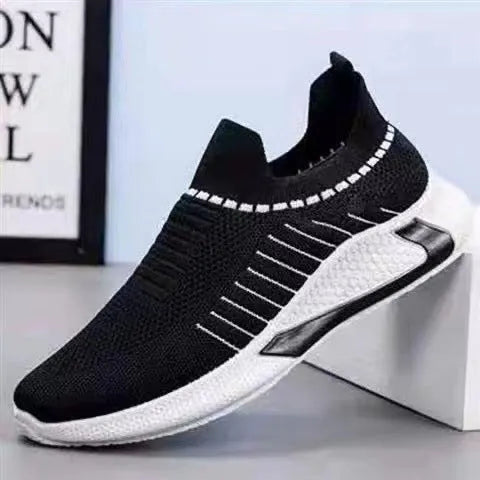 Men's mesh sneakers with striped design, flyknit upper, and plastic sole in various colour options