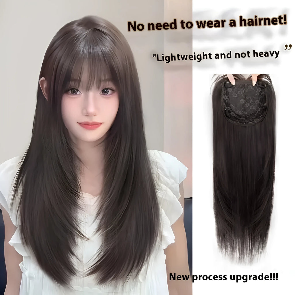 Full-head synthetic wig with integrated hair net in long straight high-layered style