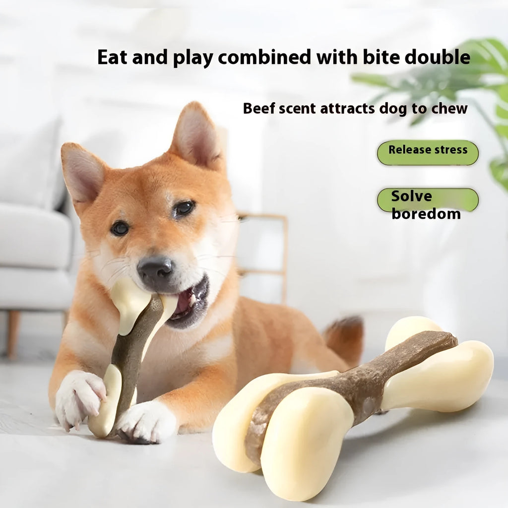 Cowhide and nylon bone grinding rod chew toy for dogs in small or large size options