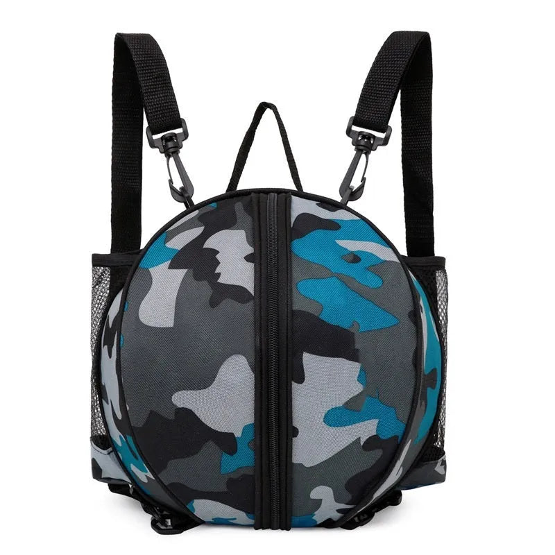 Oxford cloth basketball training bag with adjustable strap shown in a camouflage colour option.