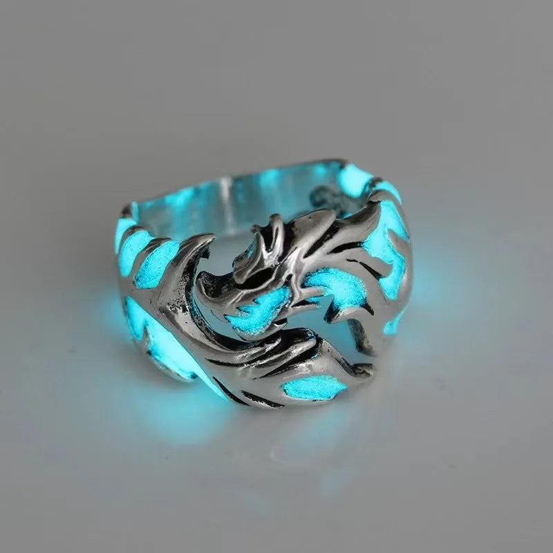 Adjustable Chinese dragon ring in antique silver blue and green colour with luminous pattern