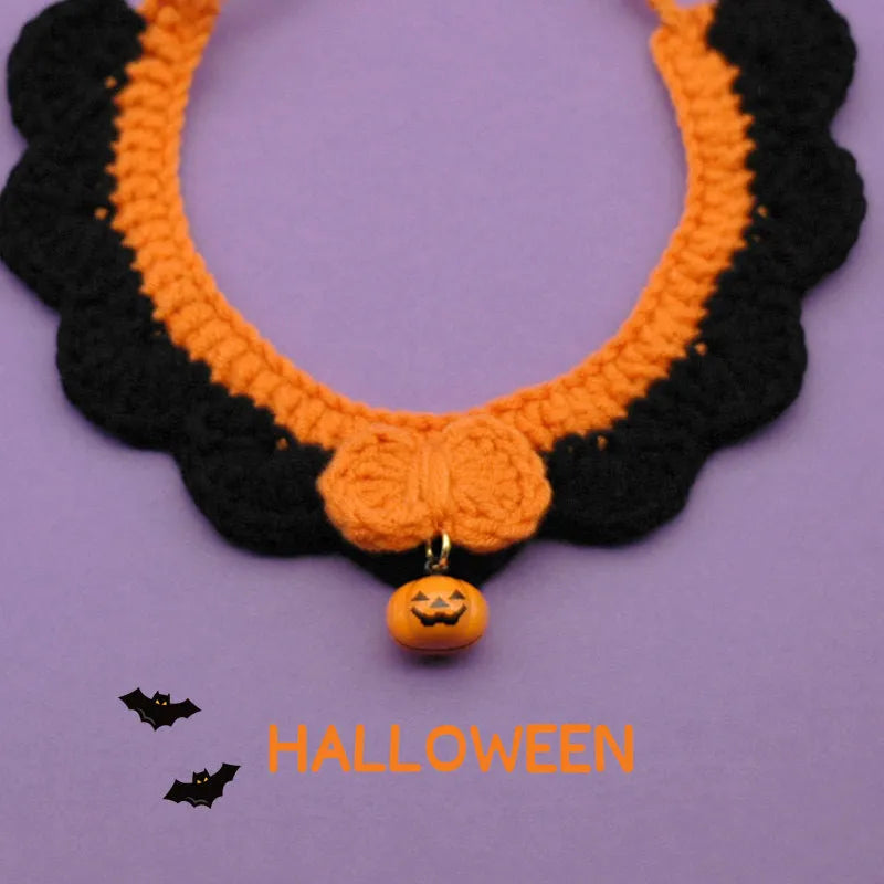 Hand-crocheted wool pet collar in pumpkin colours with adjustable sizing for Halloween photo accessories