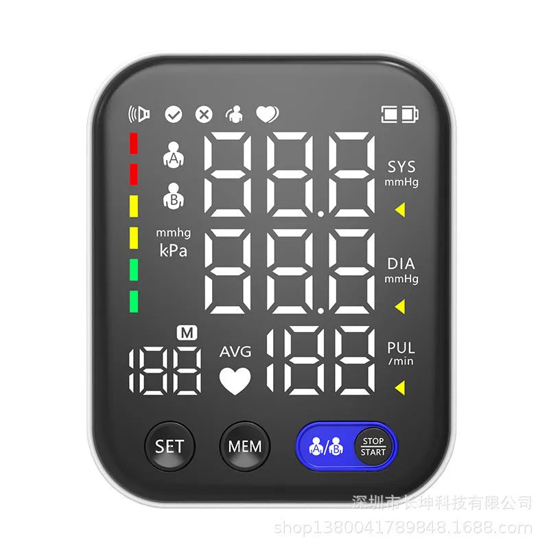 White electronic blood pressure monitor with ultra clear large screen and pulse sphygmomanometer for real-time measurement