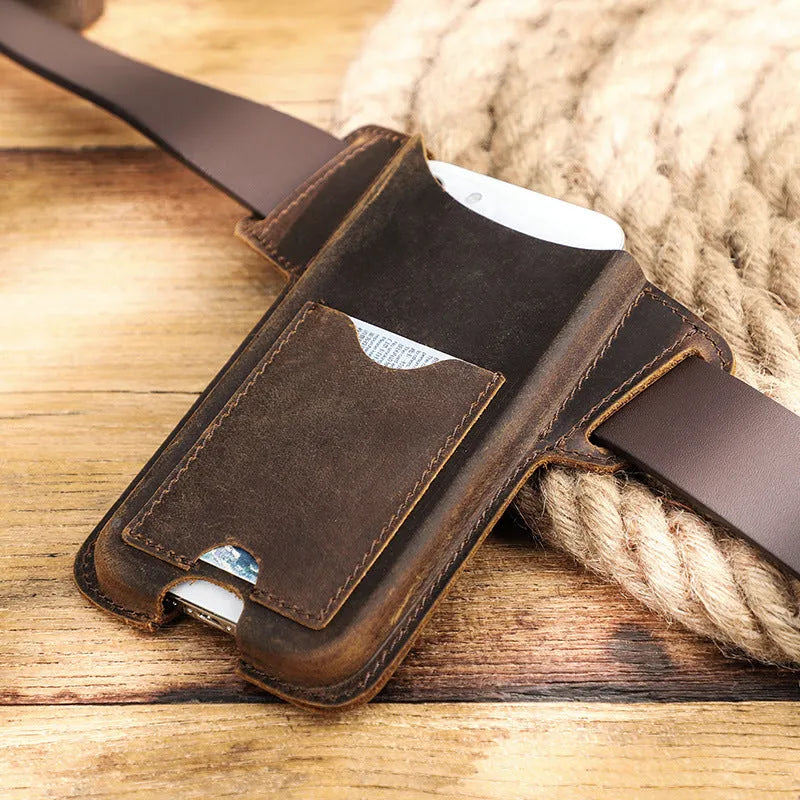 Crazy Horse genuine leather belt phone case in brown, belt-fitting iPhone holster with patterned leather finish