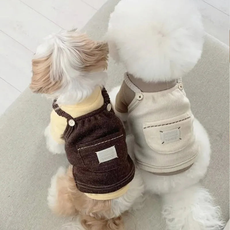 Corduroy dog vest with Sherpa collar for small dogs and cats, solid-colour overall design, brown or white