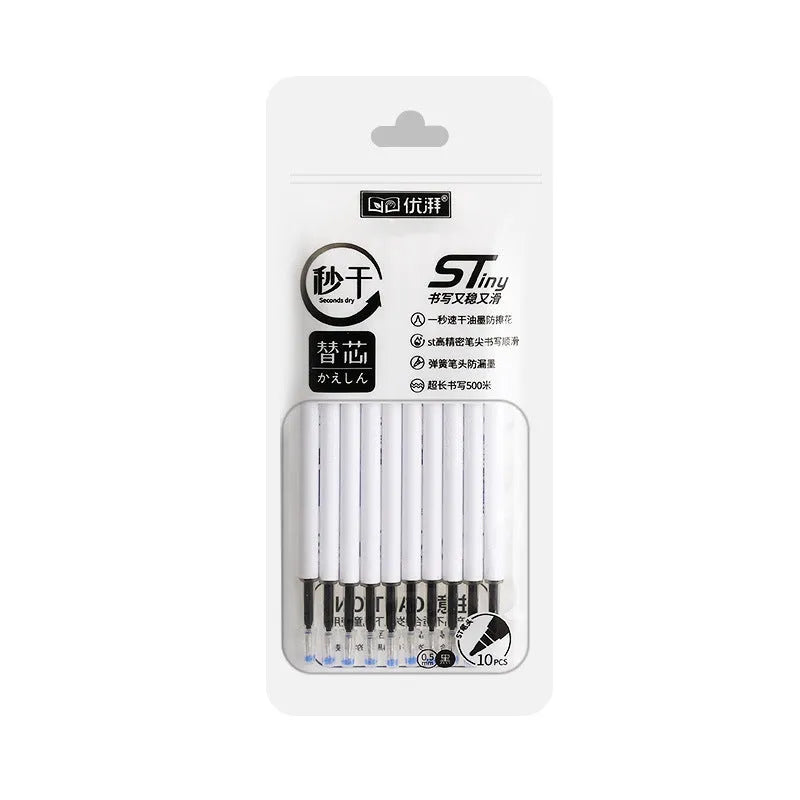 Pack of 10 quick-drying pen refills in black, red, blue, and ink blue colours for 500m writing.