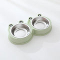 Stainless steel pet double bowl with frog design featuring separate food and water compartments