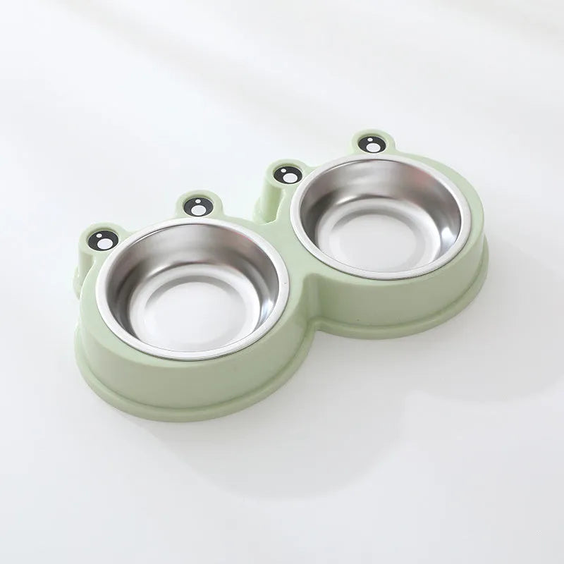 Stainless steel pet double bowl with frog design featuring separate food and water compartments