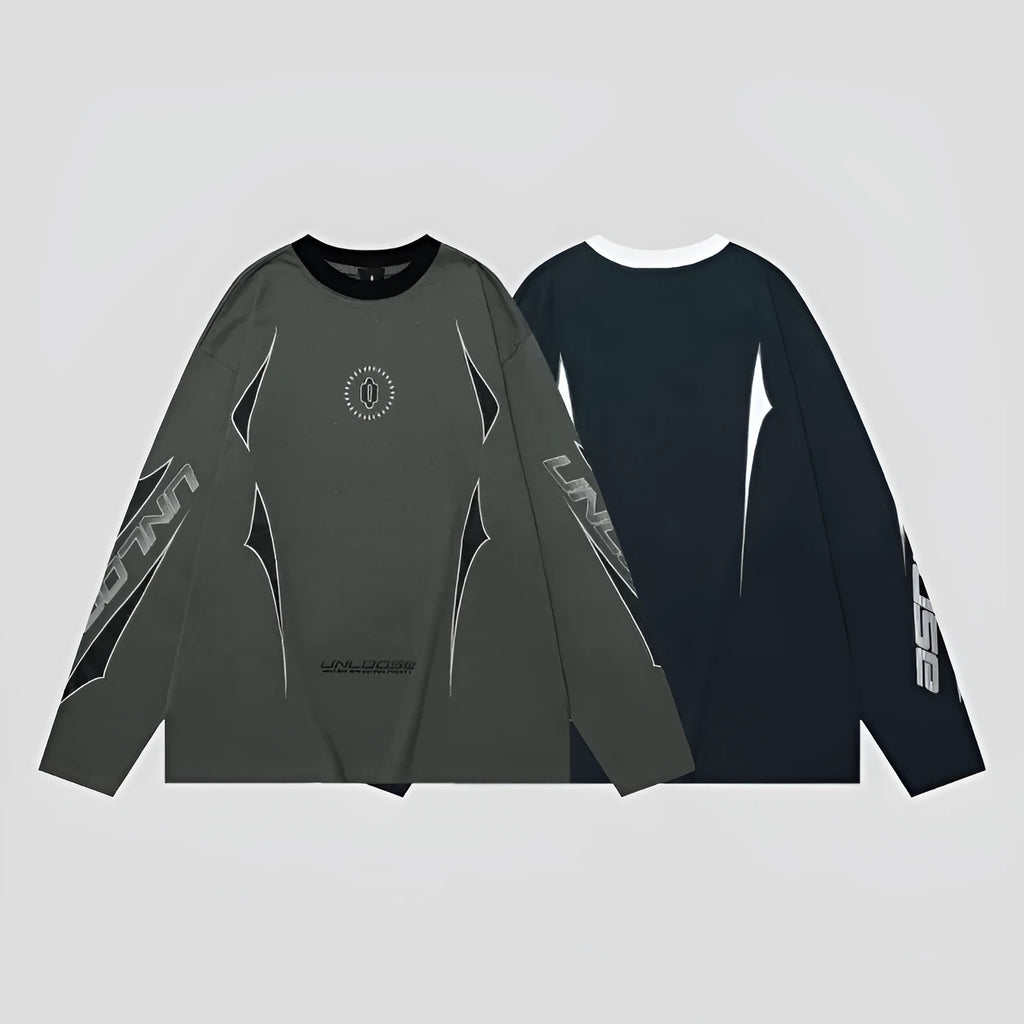 Men's grey khaki cotton drop shoulder long sleeve pullover with round neck and letter pattern