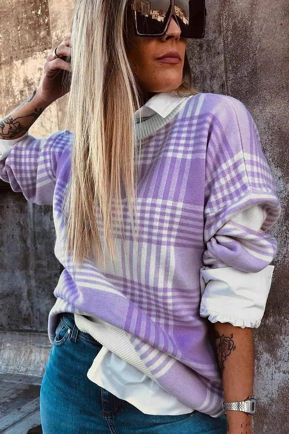 Lilac plaid print women's loose sweater with ribbed trim on long sleeves.