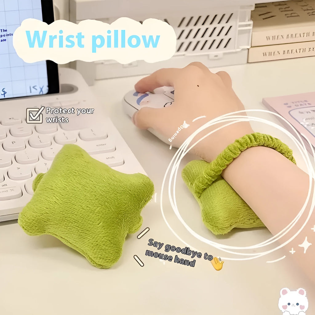 Plush wrist protector mouse pad pillow in blue, green, or pink colour for typing comfort