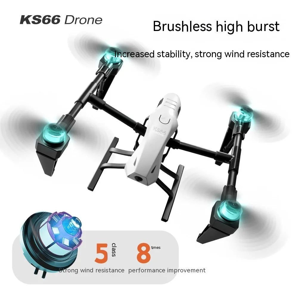 White and black KS66 alloy UAV remote control drone with camera, remote controller, and accessories on a grey background