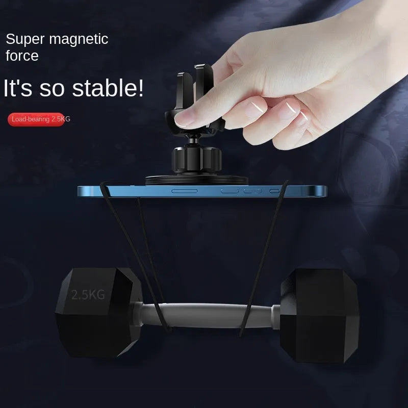 Black aluminium alloy magnetic car air vent phone holder mounted on a vehicle dashboard